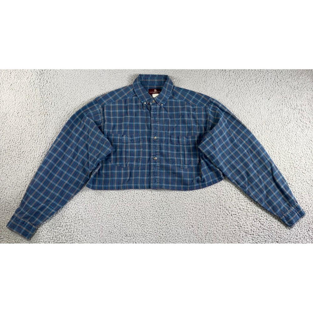 Cropped Flannel Shirt Women XL Blue Plaid L/S Relaxed‎ Fit Western Upcycled y2k